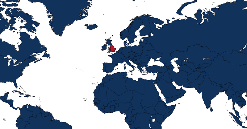 World map highlighting the UK in red, representing the jurisdiction of the English High Court ruling on USDT as property.